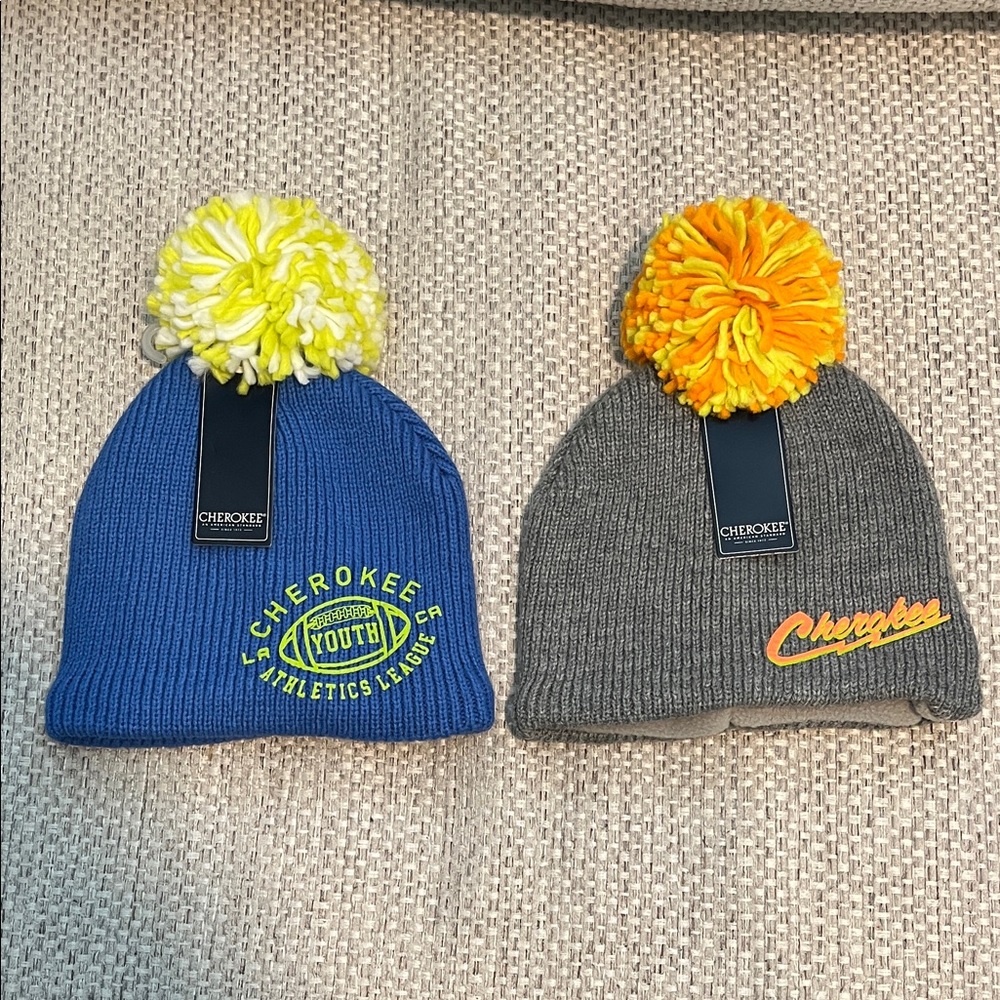 Cherokee Kids Beanie Set with Pom-Poms - Blue and Gray
